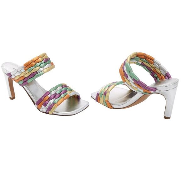 Dries Van Noten Metallic Woven Slide Sandal Heel In Silver Size 9 NWT $760 MSRP - Picture 1 of 7